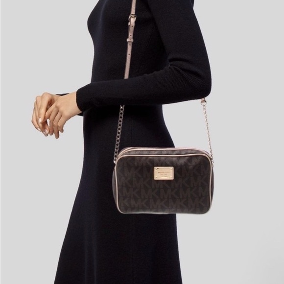 Michael Kors Handbags - Michael Kors Jet Set Signature PVC Crossbody – Brown Logo w/ Gold Chain